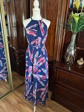 ModCloth Navy Maxi Dress with Pink & Teal Feather Motif